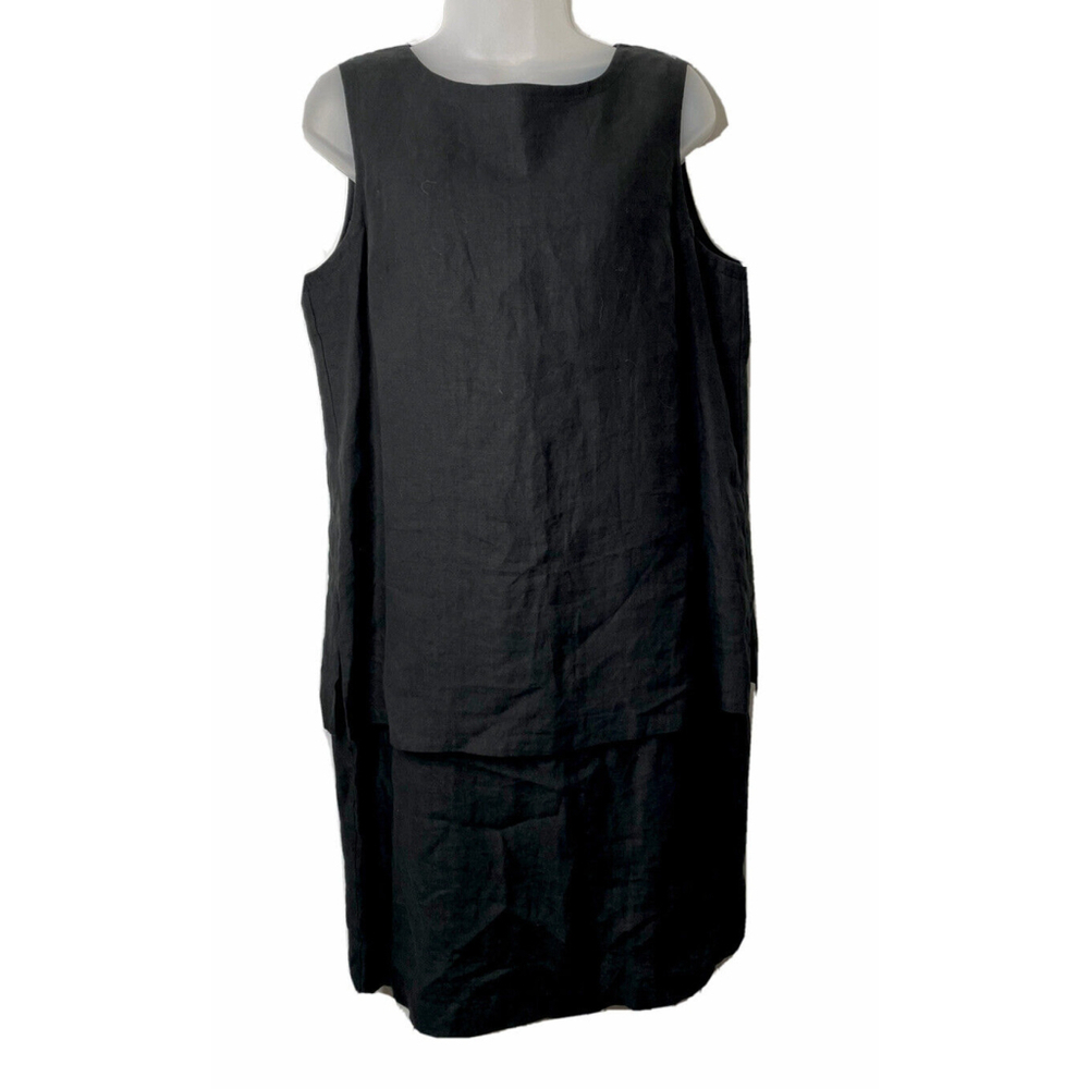 Vintage Tess Womens Linen Shift Dress Size 12‎ Black Sleeveless Layer Minimalist